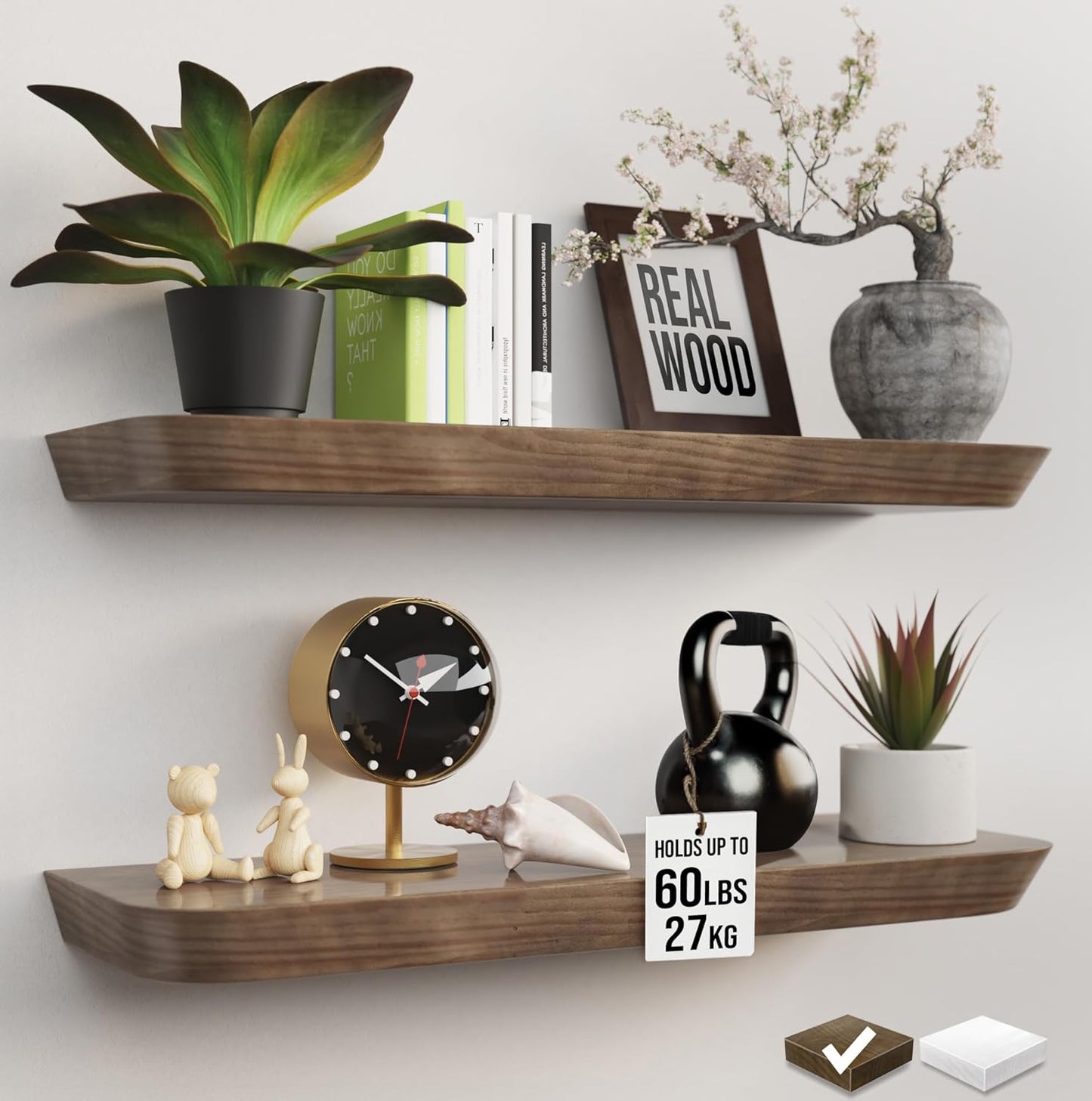 Real Solid Wood Floating Shelves (Set of 2) – 24” Wall-Mounted Storage