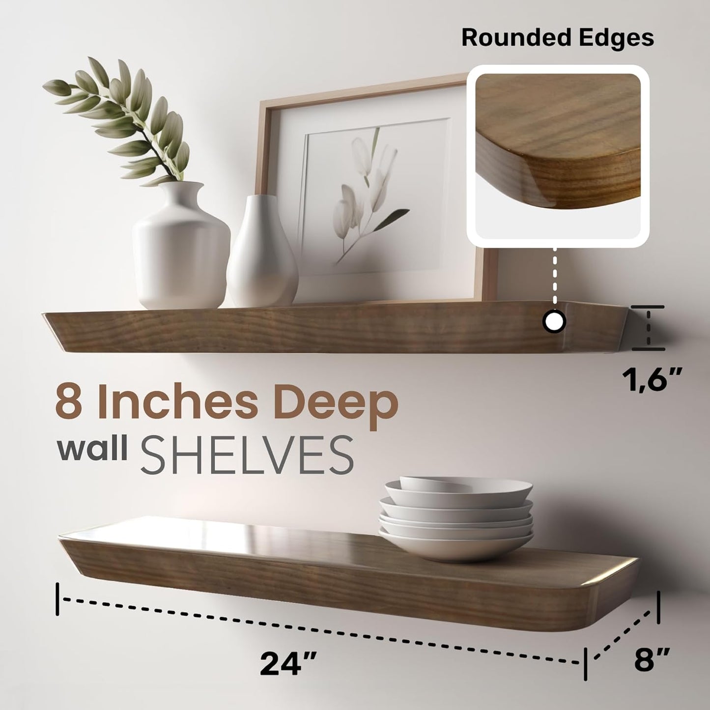 Real Solid Wood Floating Shelves (Set of 2) – 24” Wall-Mounted Storage